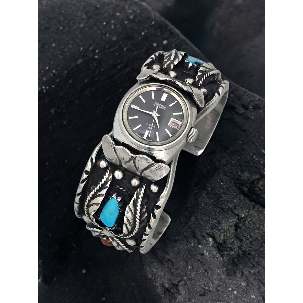 Navajo Sterling Silver Turquoise Coral Women's Seiko Watch Cuff Signed Vintage